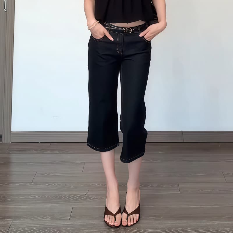 아메리칸 레트로 로우 웨이스트 검정색 부츠컷 고대 조기 7부 바지 여성 여름 타이트 바지 5 점 짧은 바지 청바지 이미지 4
