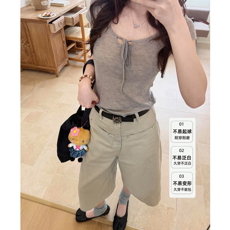 아메리칸 레트로 카키 색 7 점 청바지 여성 여름 2026 새로운 루즈핏 넓은 다리 7 분 바지 짧은 바지 상세 이미지 3