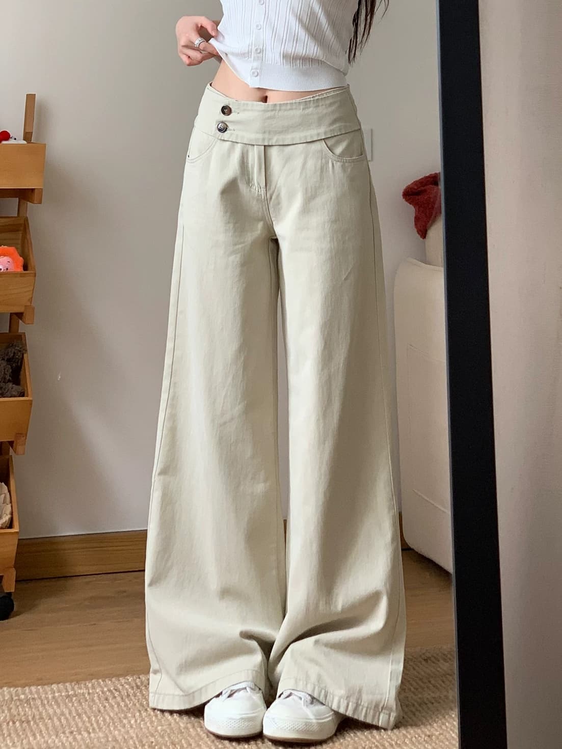 카키 색 느긋한 바람 더블 버클 허리 머리 넓은 다리 청바지 여성 여름 새로운 루즈핏 다용도 스트레이트 캐주얼 바지 상세 이미지 2