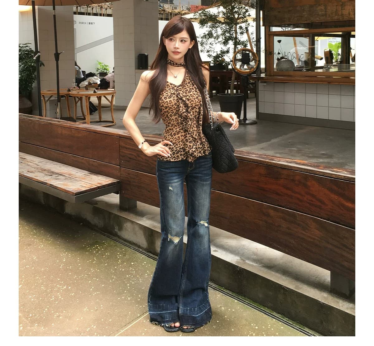 모드 핫걸 찢어진 부분 청바지 여성 거친 가장자리 부츠컷 슬림해 보이는 레트로 바닥 청소 나팔 긴 바지 상세 이미지 3