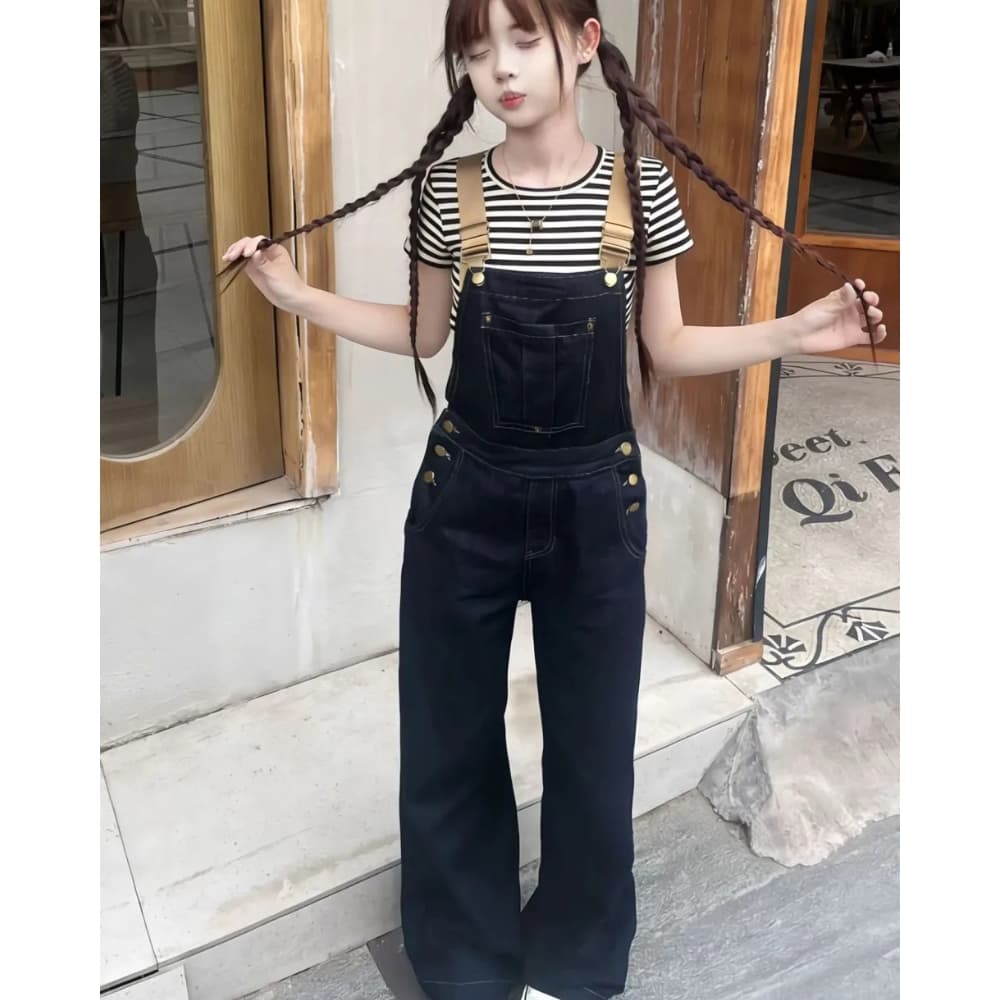 레트로 진한 파란색 데님 멜빵 바지 여성 봄 가을 새로운 지불 루즈핏 슬림해 보이는 연령 감소 작은 키 넓은 다리 스트레이트 팬츠 상세 이미지 10