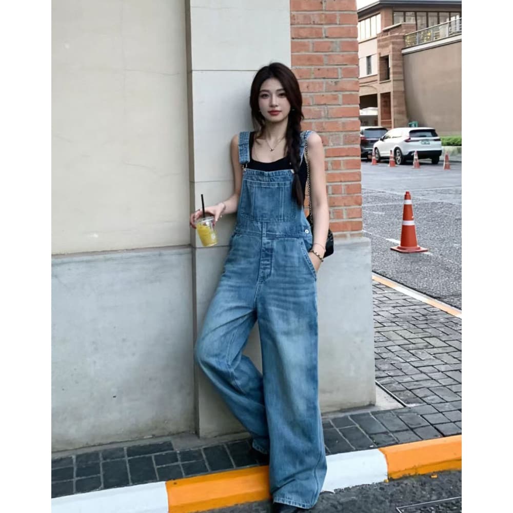 인터넷 유명인 연령 감소 슈퍼 잘 생긴 데님 멜빵 바지 여성 2026 봄 여름 작은 키 보존 워싱 스트레이트 올인원 긴 바지 이미지 2