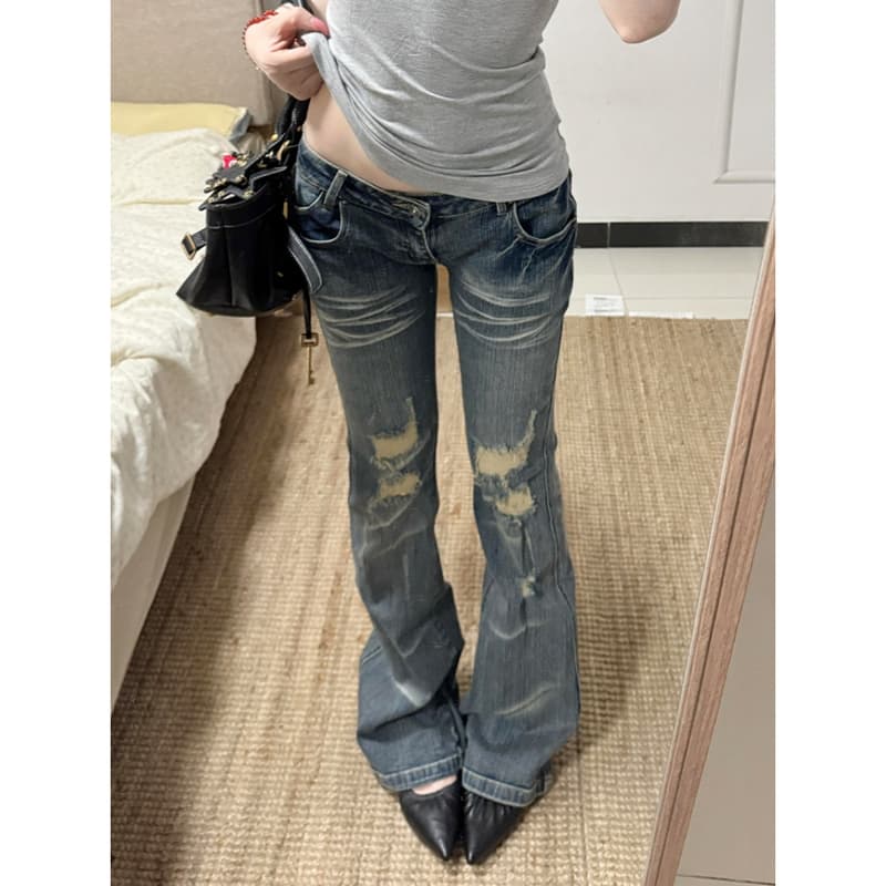 아메리칸 레트로 디자인 센스 찢어진 부분 워싱 청바지 아이들 여름 새로운 핫걸 몸매 가꾸기 슬림해 보이는 마이크로 나팔 바지 상세 이미지 2