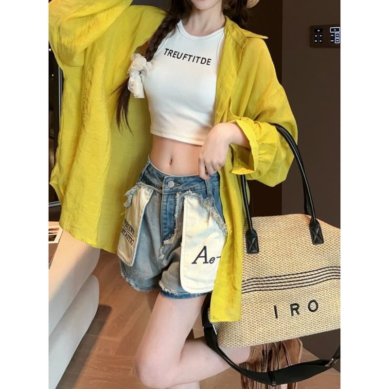 아메리칸 거리 배색 리버스 마모 데님 반바지 여성 자수 거친 가장자리 하이웨이스트 슬림해 보이는 a 단어 캐주얼 스트레이트 반바지 상세 이미지 9