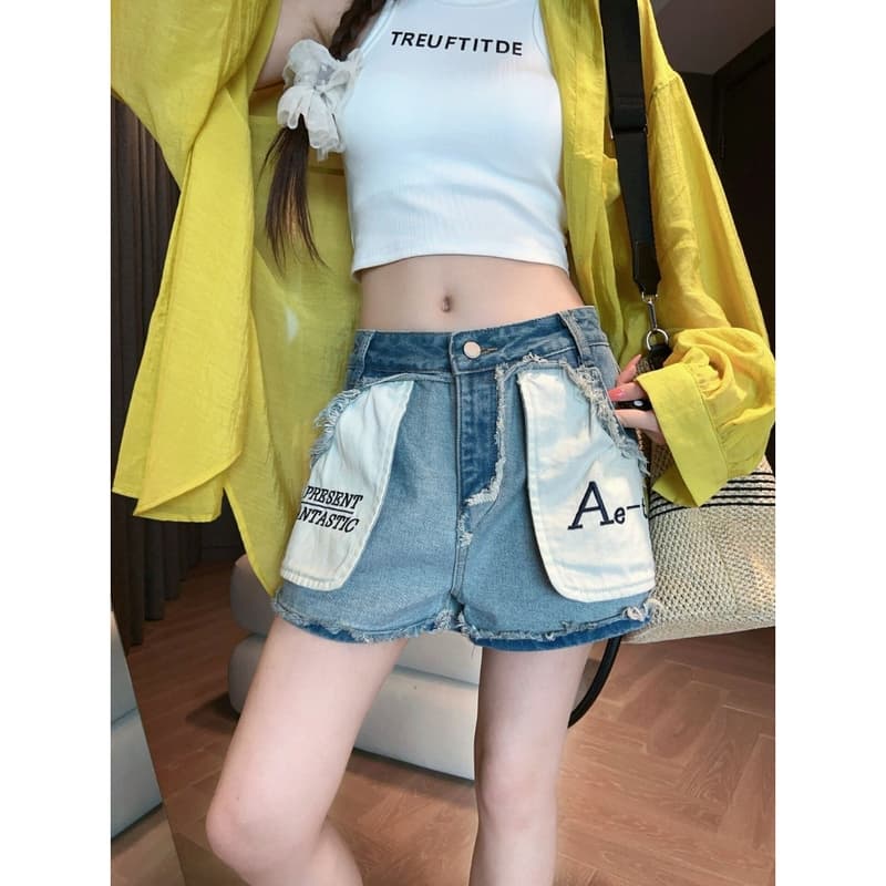 아메리칸 거리 배색 리버스 마모 데님 반바지 여성 자수 거친 가장자리 하이웨이스트 슬림해 보이는 a 단어 캐주얼 스트레이트 반바지 상세 이미지 11