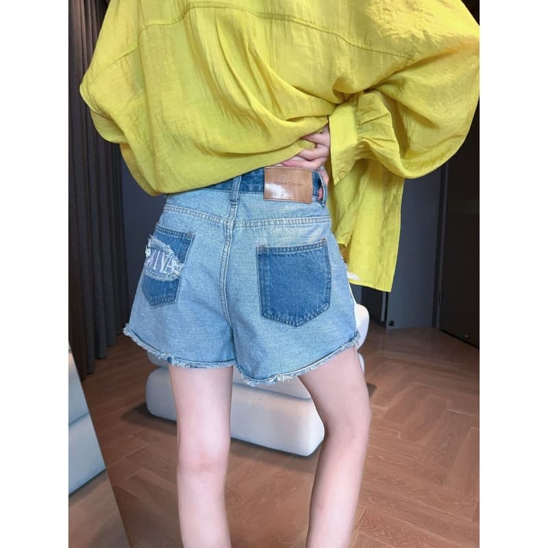 아메리칸 거리 배색 리버스 마모 데님 반바지 여성 자수 거친 가장자리 하이웨이스트 슬림해 보이는 a 단어 캐주얼 스트레이트 반바지 상세 이미지 5