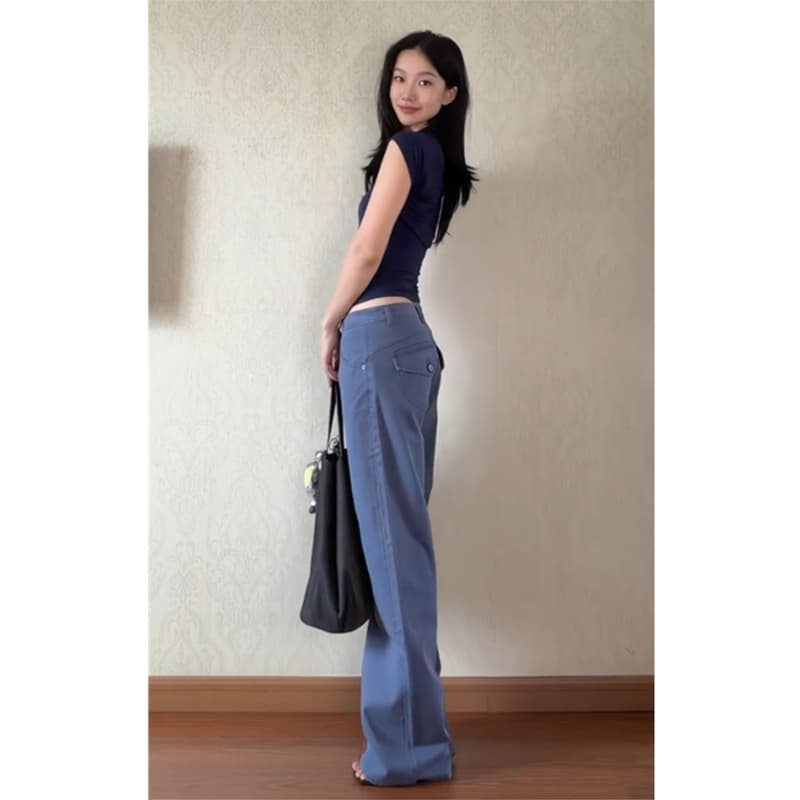 아메리칸 vintage 법 일 파란색 로우 웨이스트 스트레이트 청바지 여성 봄 가을 루즈핏 슬림해 보이는 부츠컷 범프 바지 상세 이미지 1