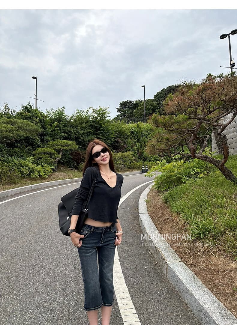 로우 웨이스트 아메리칸 7 점 청바지 느슨함 좋은 착용 상세 이미지 1
