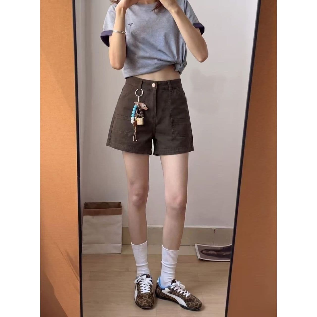 아메리칸 레트로 커피 색상 하이웨이스트 넓은 다리 워크웨어 데님 반바지 여성 여름 새로운 슬림해 보이는 달콤한 차가운 핫걸 뜨거운 바지 상세 이미지 2