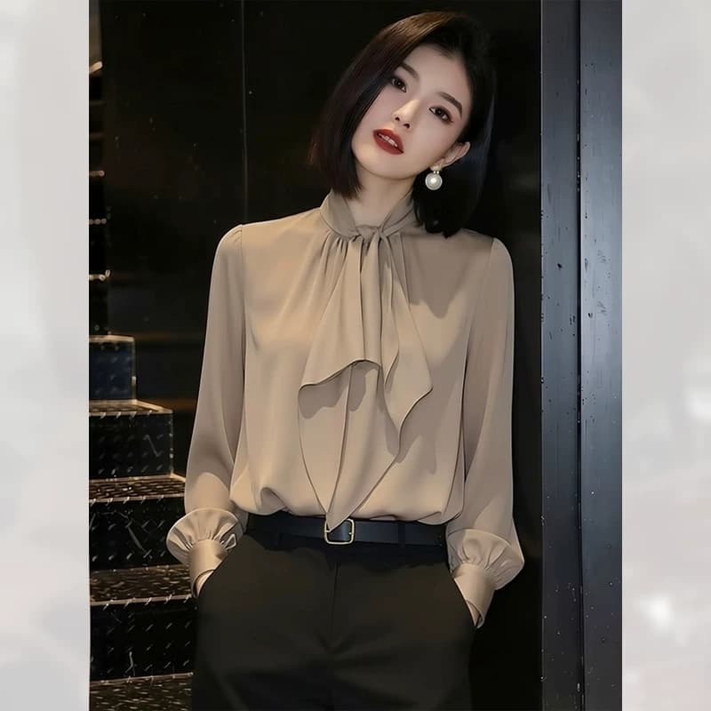 빛 럭셔리 우아함 바람 리본 여성 셔츠 봄 2026 새로운 품격 긴팔 카키 색 디자인 센스 출퇴근 맨위 상세 이미지 1