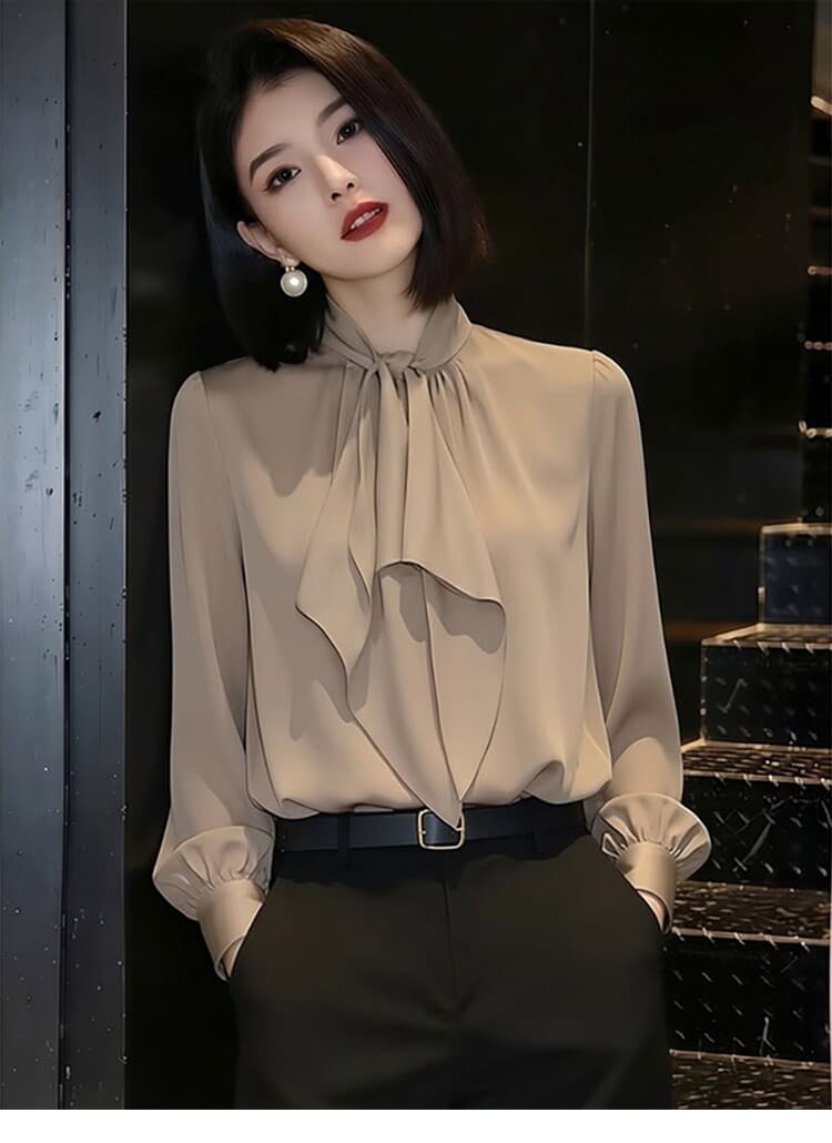 빛 럭셔리 우아함 바람 리본 여성 셔츠 봄 2026 새로운 품격 긴팔 카키 색 디자인 센스 출퇴근 맨위 상세 이미지 4