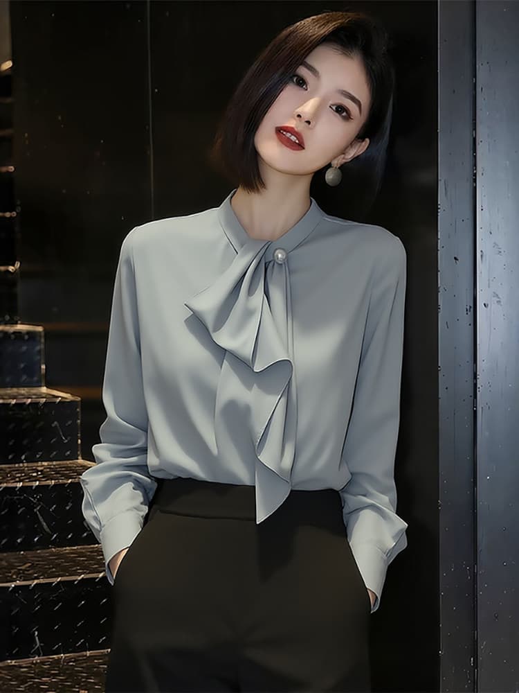 프랑스식 아름다운 리본 여성 셔츠 봄 2026 년 새로운 미니멀리즘 패션 작은 대중 고급 절묘한 빛 럭셔리 셔츠 상세 이미지 3
