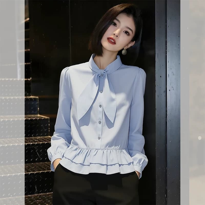 캐주얼 다용도 레이스업 파란색 여성 셔츠 봄 2026 년 새로운 패션 작은 대중 셔츠 출퇴근 다용도 작은 셔츠 상세 이미지 1