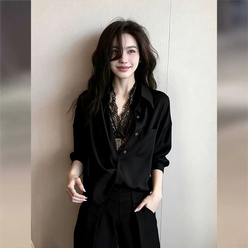 익스트림 제인 바람 검정색 폴로 칼라 긴팔 맨위 2026 봄 새로운 작은 대중 출퇴근 고유 한 아름다운 자이언트 잘 생긴 셔츠 상세 이미지 1