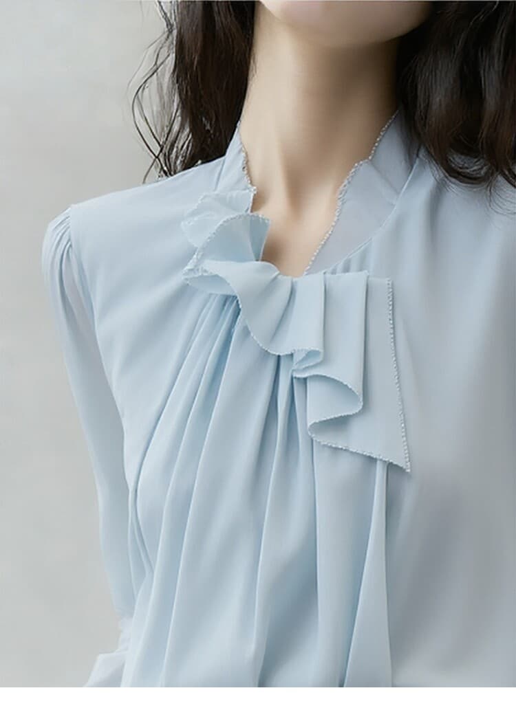 아름다운 프랑스식 부드러운 바람 프릴 거품 소매 여성 셔츠 봄 2026 새로운 디스플레이 화이트 우아함 품격 맨위 상세 이미지 6