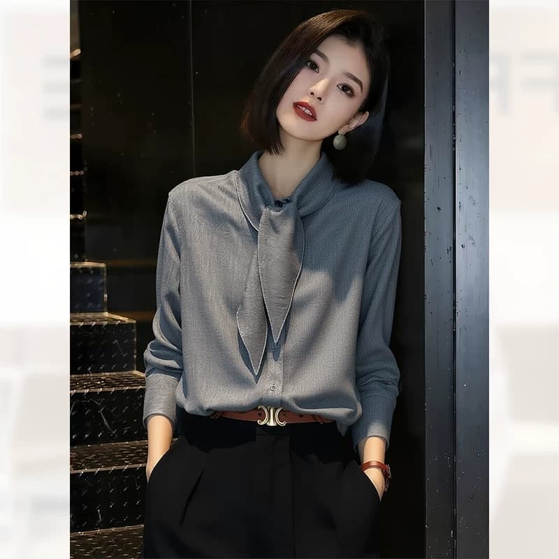 프랑스식 작은 대중 회색 리본 여성 셔츠 봄 2026 년 새로운 고유 한 미니멀리즘 작은 셔츠 패션 다용도 셔츠 상세 이미지 1