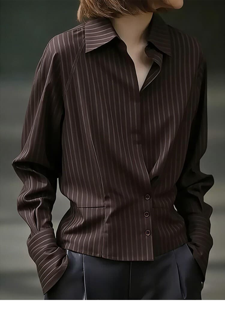 출퇴근 숙련 된 스트라이프 POLO 칼라 여성 셔츠 봄 2026 년 새로운 캐주얼 다용도 작은 셔츠 고급 센스 셔츠 상세 이미지 5