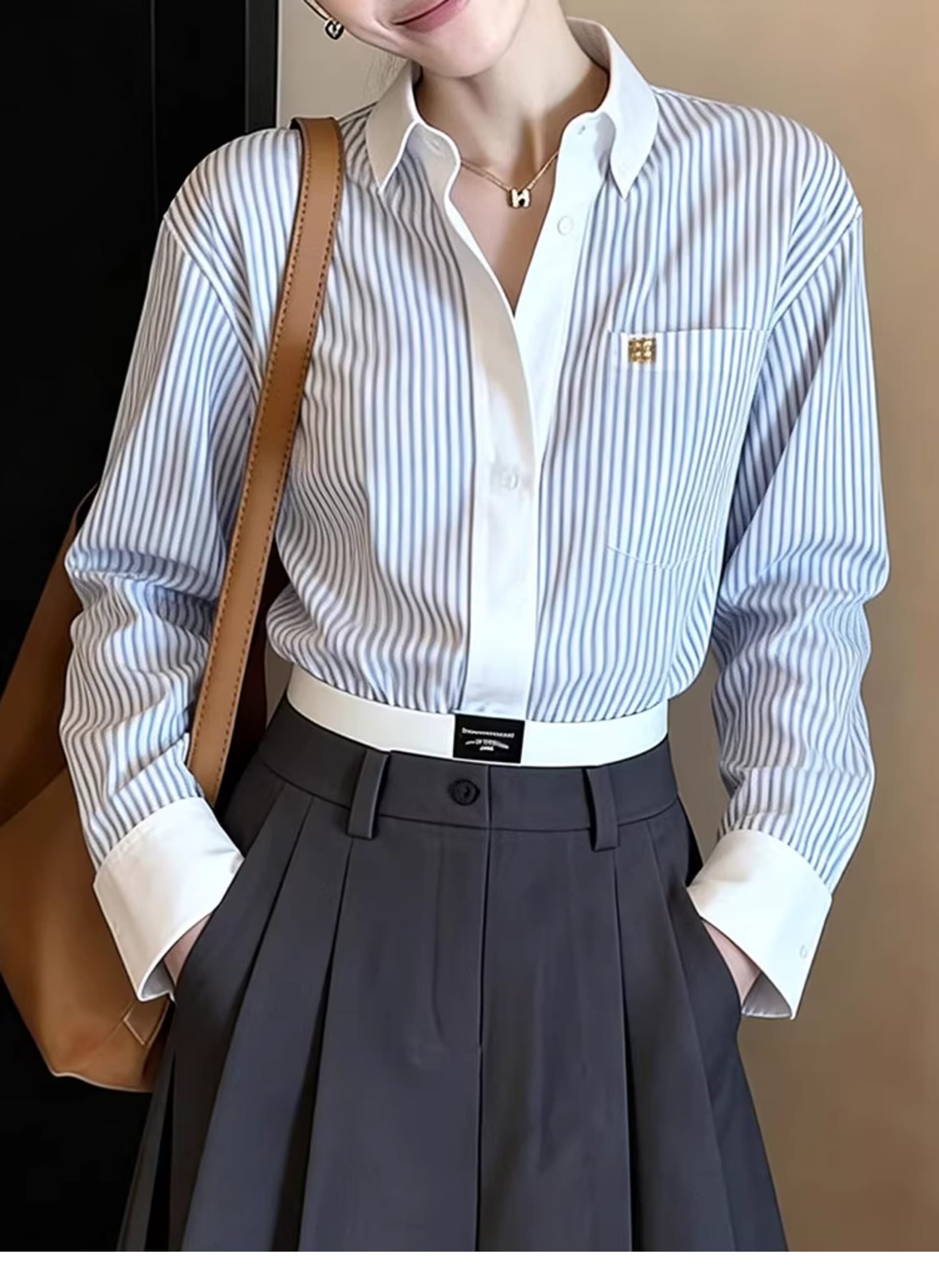 프랑스식 블루 화이트 스트라이프 POLO 칼라 긍정적 인 어깨 셔츠 여자 2026 봄 새로운 고급 센스 출퇴근 맨위 상세 이미지 6