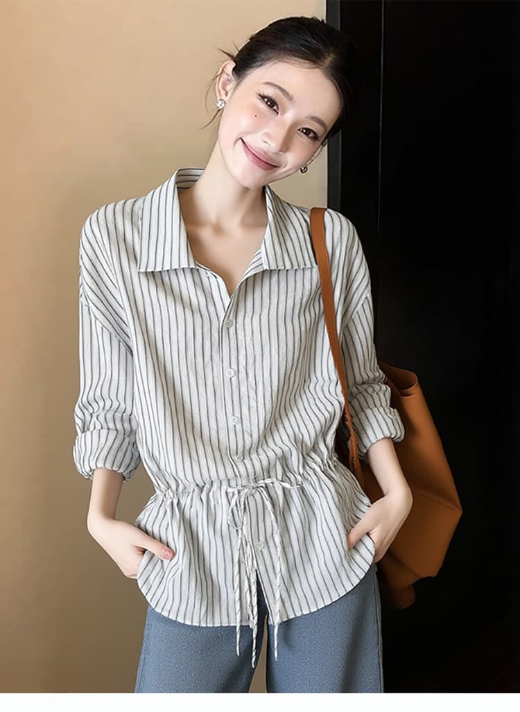 한 부서 디자인 센스 면 린넨 펌프 로프 허리 수축 스트라이프 여성 셔츠 봄 미니멀리즘 다용도 품격 다용도 루즈핏 맨위 상세 이미지 4