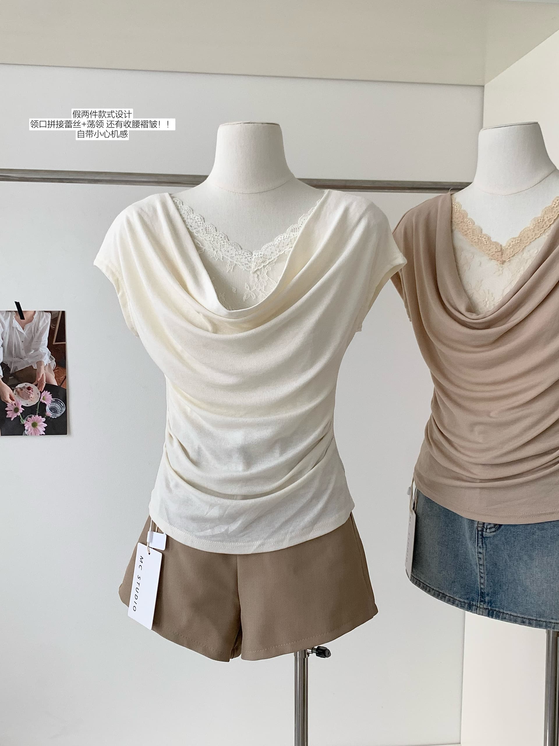2026 여름 새로운 한국 스타일 품격 흔들다 칼라 패치워크 레이스 주름 허리 수축 슬림해 보이는 반팔 작은 셔츠 여성 상세 이미지 6