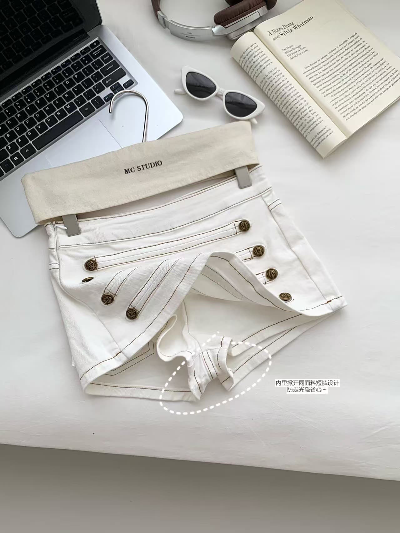 titi 작은 자매 궁정 cion 높음 폭탄 크메르어 레트로 이중 버튼 데님 치마바지 반신 스커트 미니 스커트 상세 이미지 11