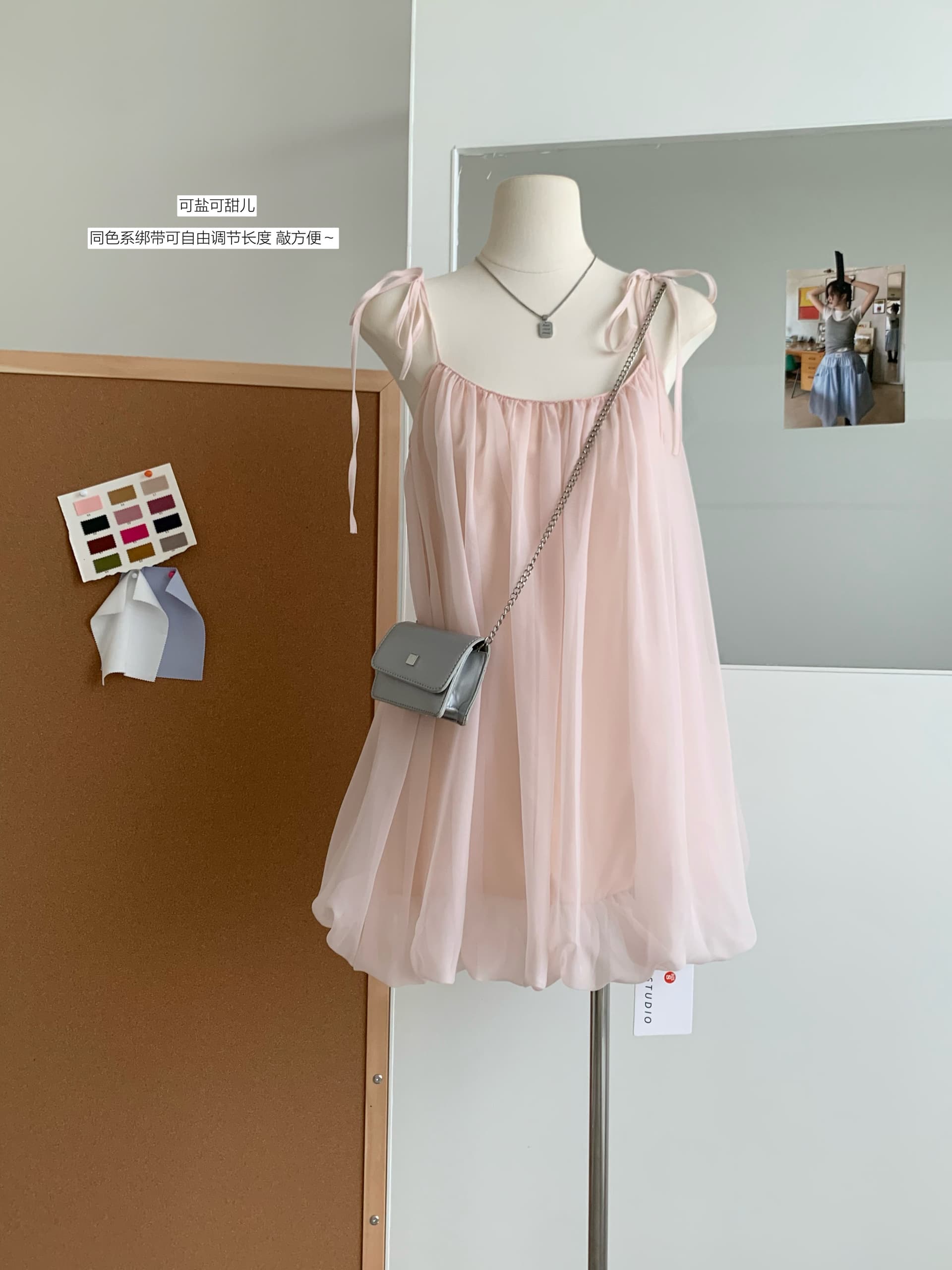 화이트 워터 여성 분말 안개 스와 리 서울 깨진 Pleat 슬립 미니 스커트 여성 여름 요정 바람 가벼움 우아한 퍼프 드레스 상세 이미지 5