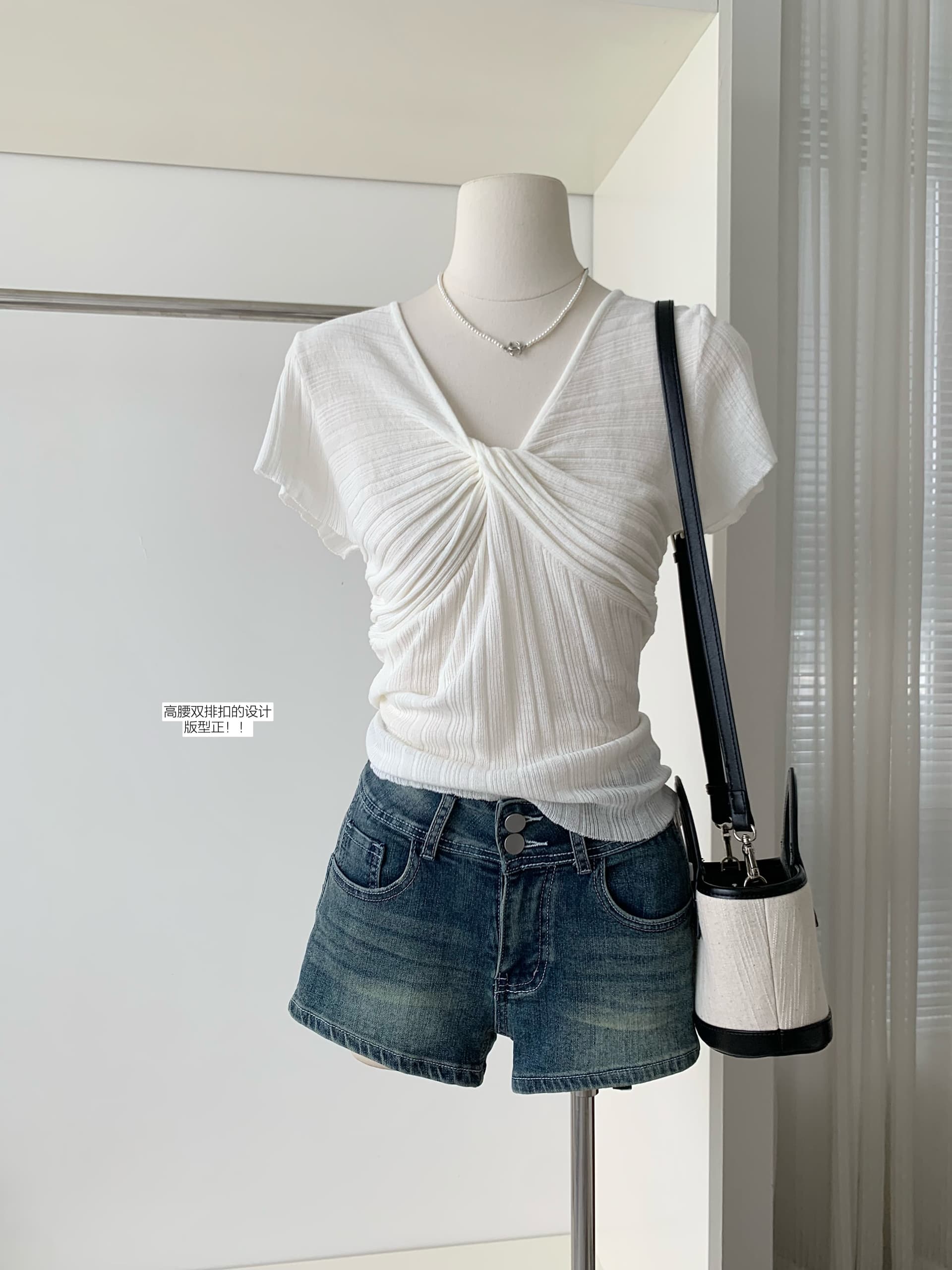 jmshop 핏 스타일 노크 좋은 ~ 중 vtg 센스 작은 반바지 하이웨이스트 이중 버튼 펭 넓적 다리 데님 반바지 레트로 핫 바지 상세 이미지 6