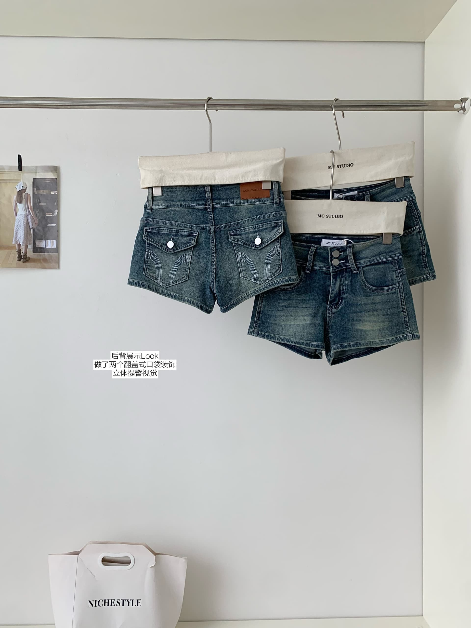 jmshop 핏 스타일 노크 좋은 ~ 중 vtg 센스 작은 반바지 하이웨이스트 이중 버튼 펭 넓적 다리 데님 반바지 레트로 핫 바지 상세 이미지 7