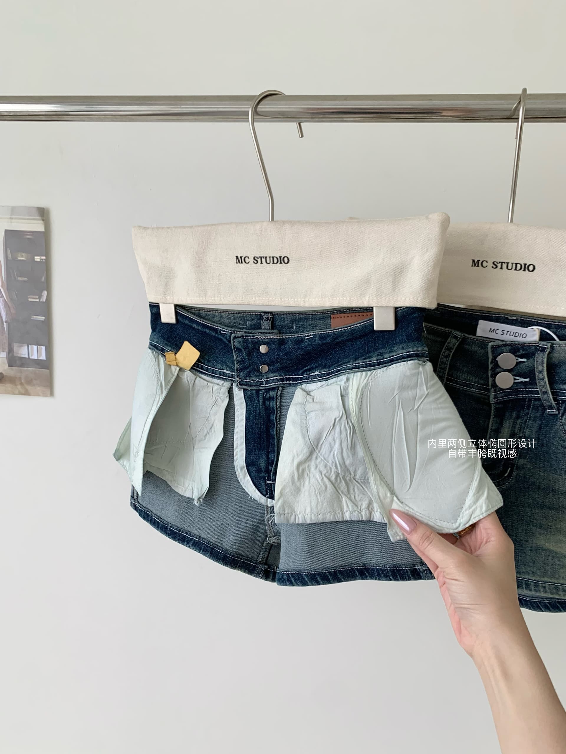 jmshop 핏 스타일 노크 좋은 ~ 중 vtg 센스 작은 반바지 하이웨이스트 이중 버튼 펭 넓적 다리 데님 반바지 레트로 핫 바지 상세 이미지 8