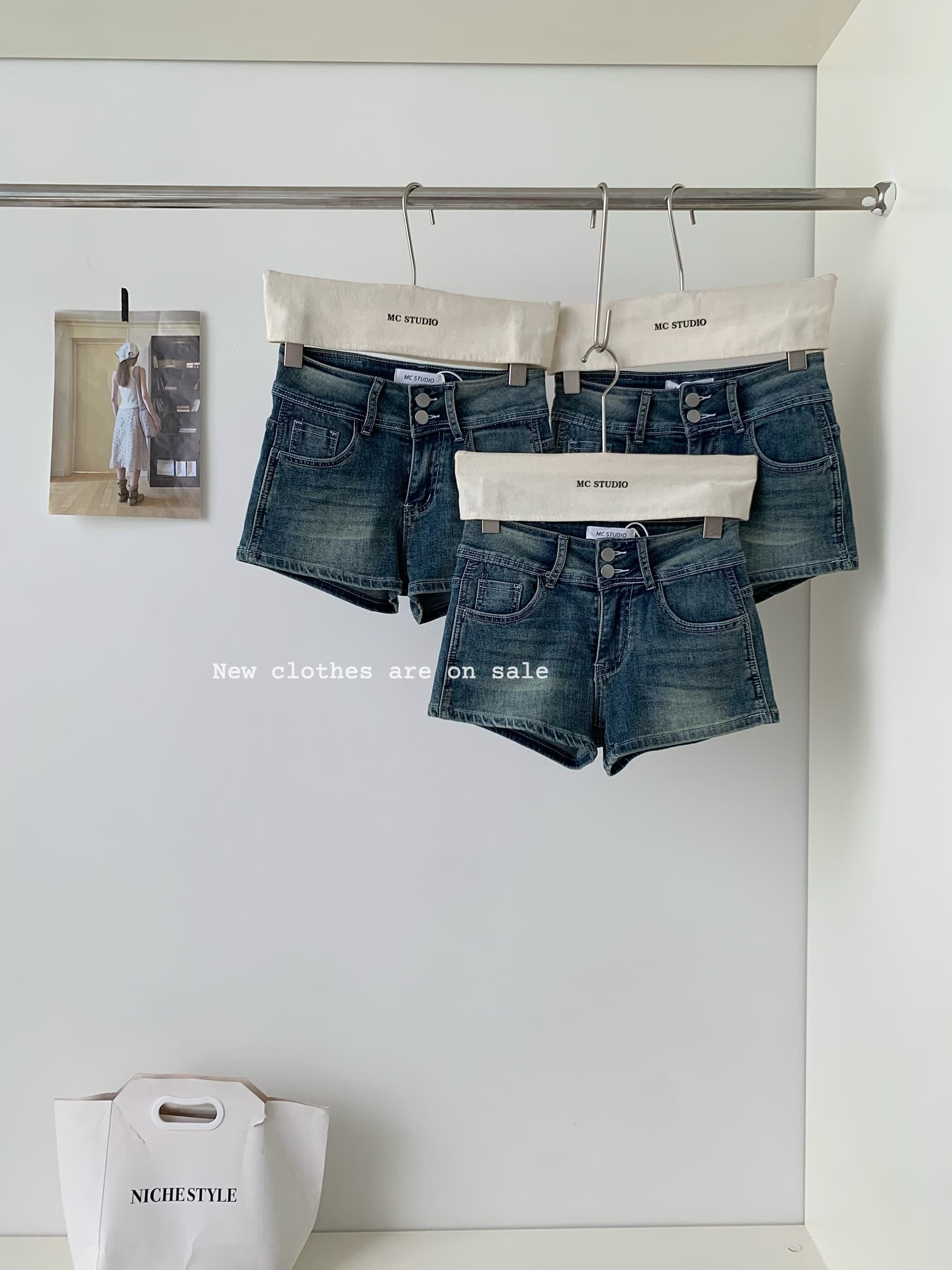 jmshop 핏 스타일 노크 좋은 ~ 중 vtg 센스 작은 반바지 하이웨이스트 이중 버튼 펭 넓적 다리 데님 반바지 레트로 핫 바지 상세 이미지 9