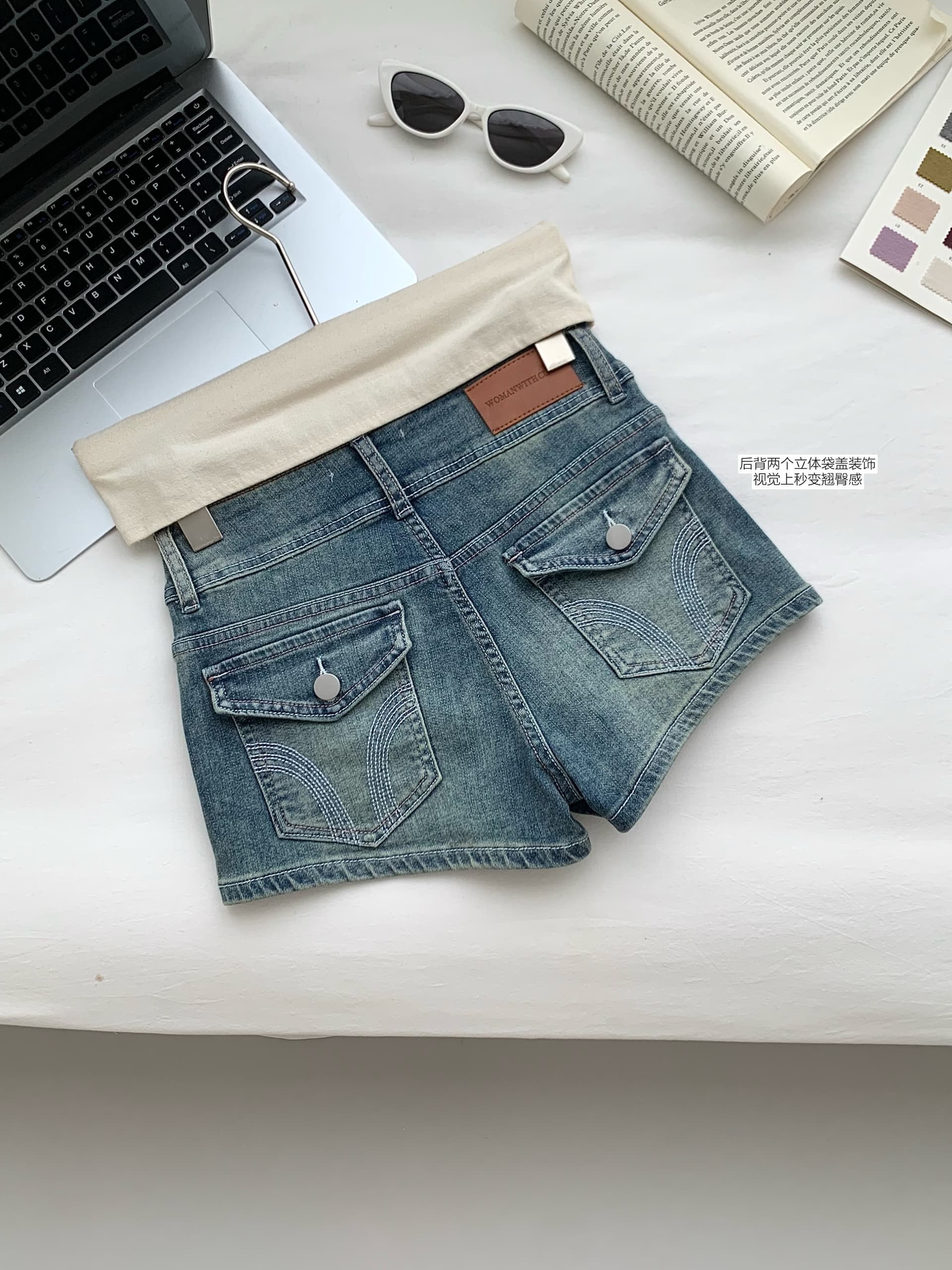 jmshop 핏 스타일 노크 좋은 ~ 중 vtg 센스 작은 반바지 하이웨이스트 이중 버튼 펭 넓적 다리 데님 반바지 레트로 핫 바지 상세 이미지 11