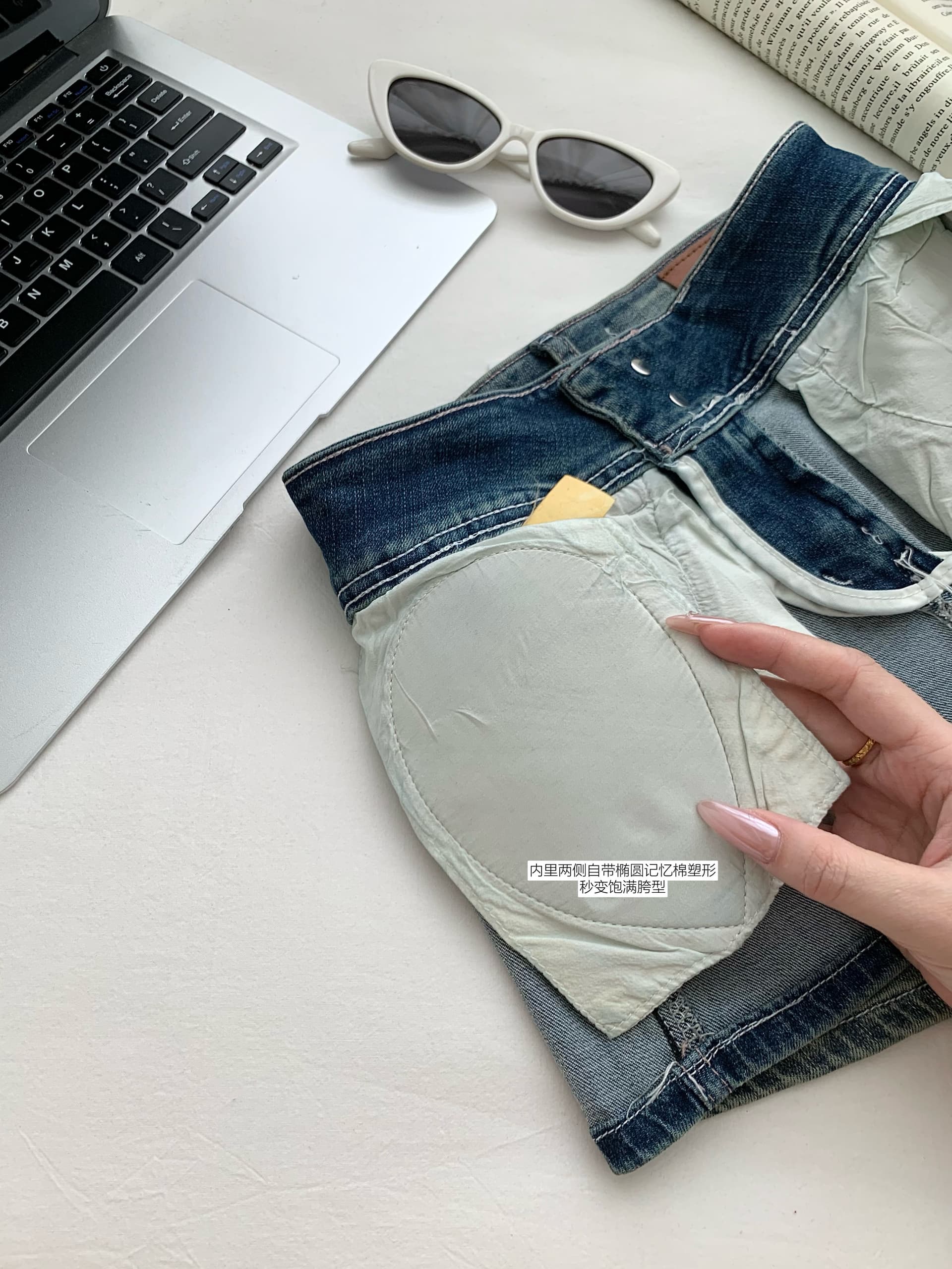 jmshop 핏 스타일 노크 좋은 ~ 중 vtg 센스 작은 반바지 하이웨이스트 이중 버튼 펭 넓적 다리 데님 반바지 레트로 핫 바지 상세 이미지 12