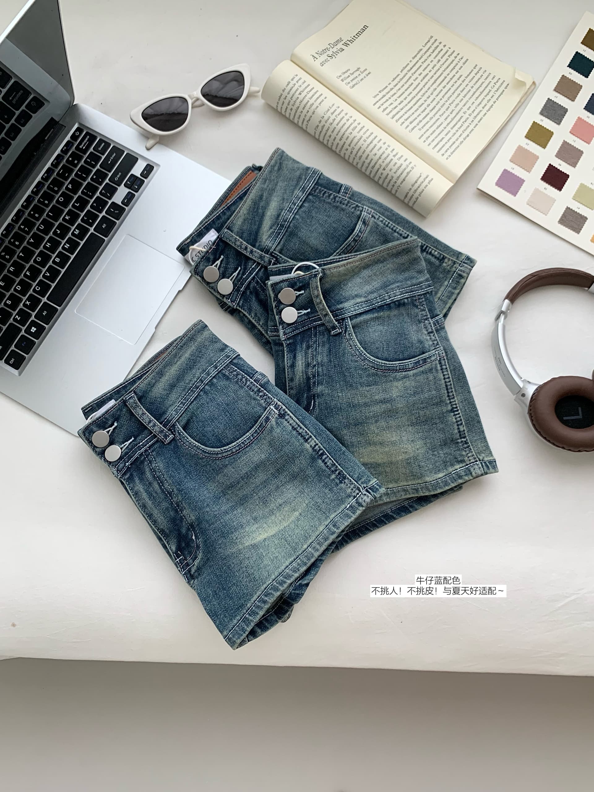 jmshop 핏 스타일 노크 좋은 ~ 중 vtg 센스 작은 반바지 하이웨이스트 이중 버튼 펭 넓적 다리 데님 반바지 레트로 핫 바지 상세 이미지 13