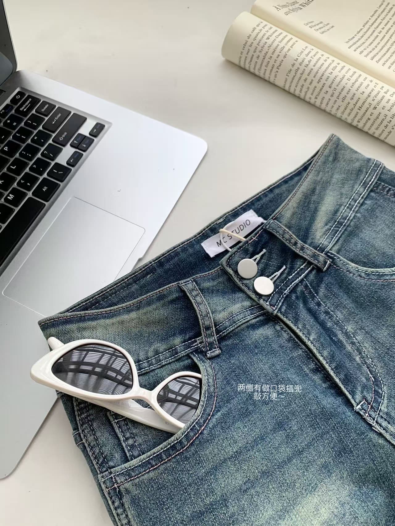 jmshop 핏 스타일 노크 좋은 ~ 중 vtg 센스 작은 반바지 하이웨이스트 이중 버튼 펭 넓적 다리 데님 반바지 레트로 핫 바지 상세 이미지 15