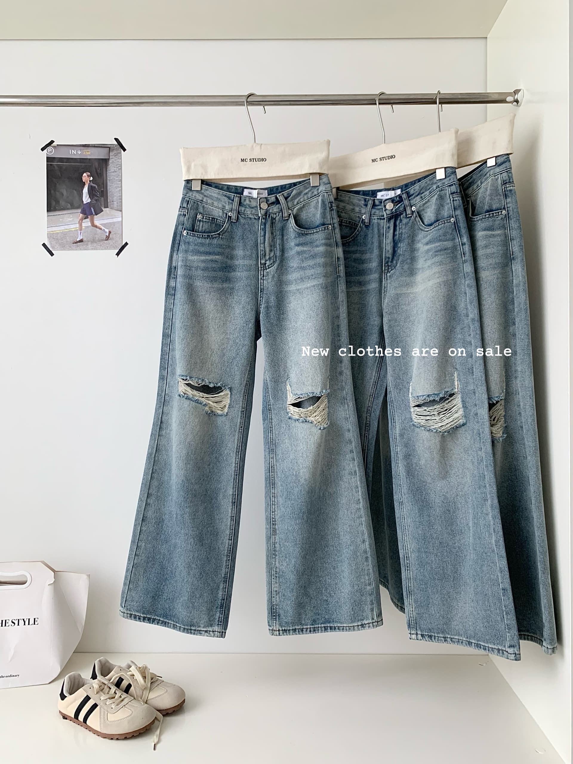 검은 콩 흠 baggy 데님 레트로 마 오래된 찢어진 부분 청바지 로우 웨이스트 루즈핏 슬림해 보이는 와이드 레그 팬츠 긴 바지 이미지 4