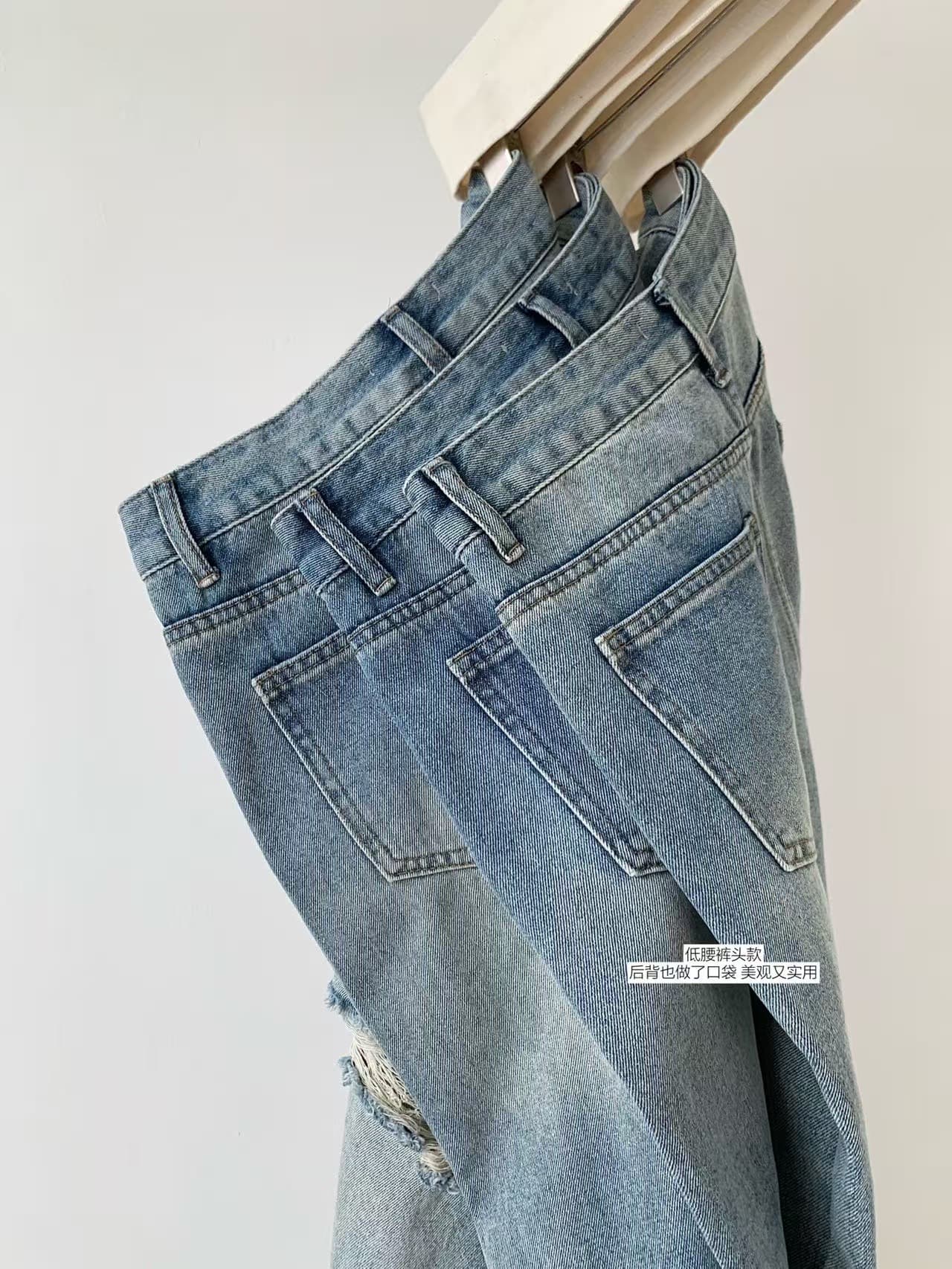 검은 콩 흠 baggy 데님 레트로 마 오래된 찢어진 부분 청바지 로우 웨이스트 루즈핏 슬림해 보이는 와이드 레그 팬츠 긴 바지 상세 이미지 7