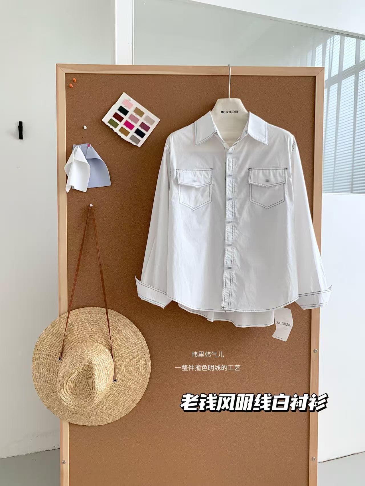 배색 명시적 스티치 디자인 센스 더블 주머니 폴로 칼라 루즈핏 긴팔 다용도 출퇴근 흰 셔츠 상세 이미지 8