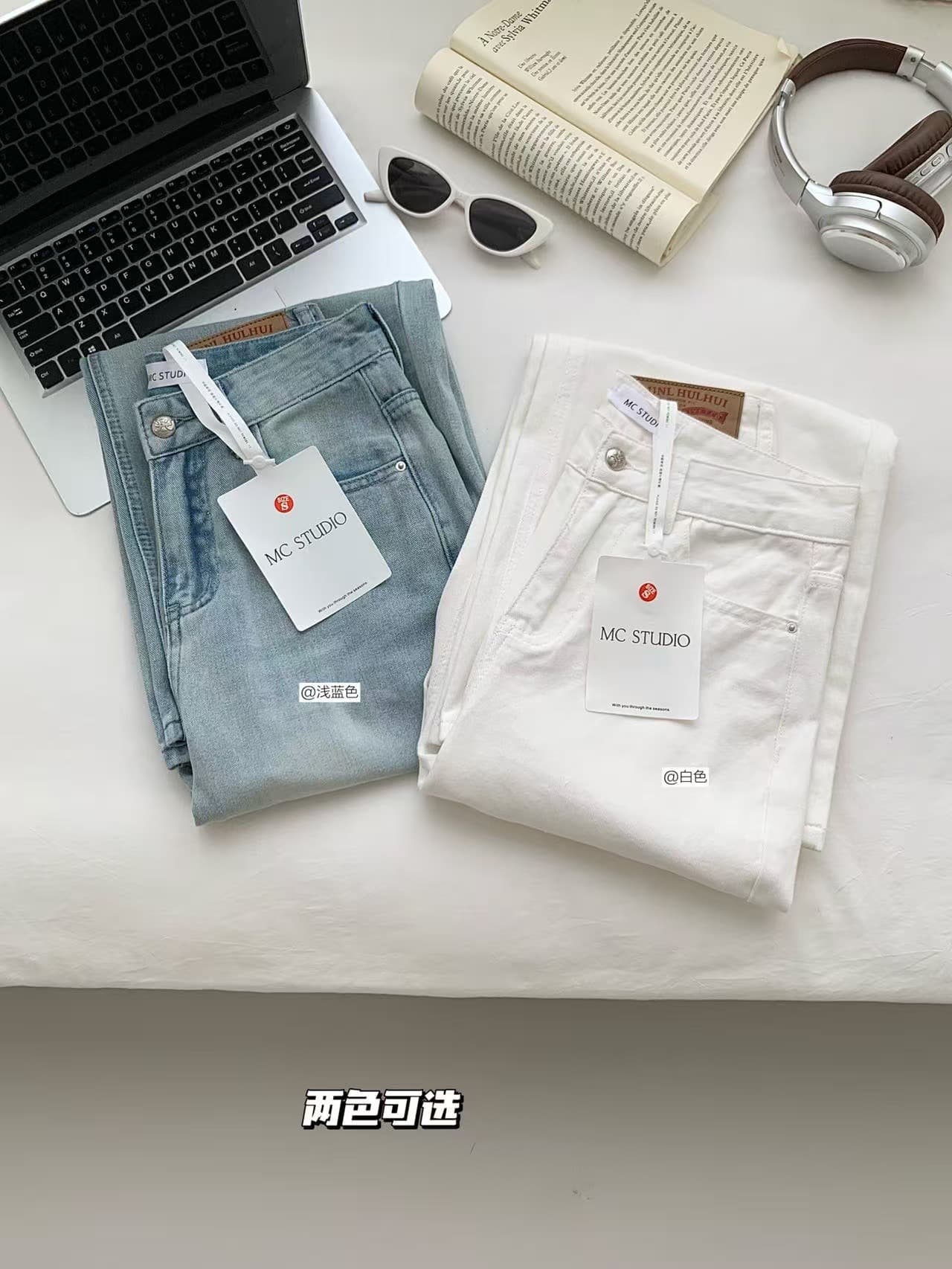 sun11 레이스 더블 마 바지 하늘색 스트레이트 청바지 여성 가을 로우 웨이스트 루즈핏 화이트 와이드 레그 팬츠 상세 이미지 17