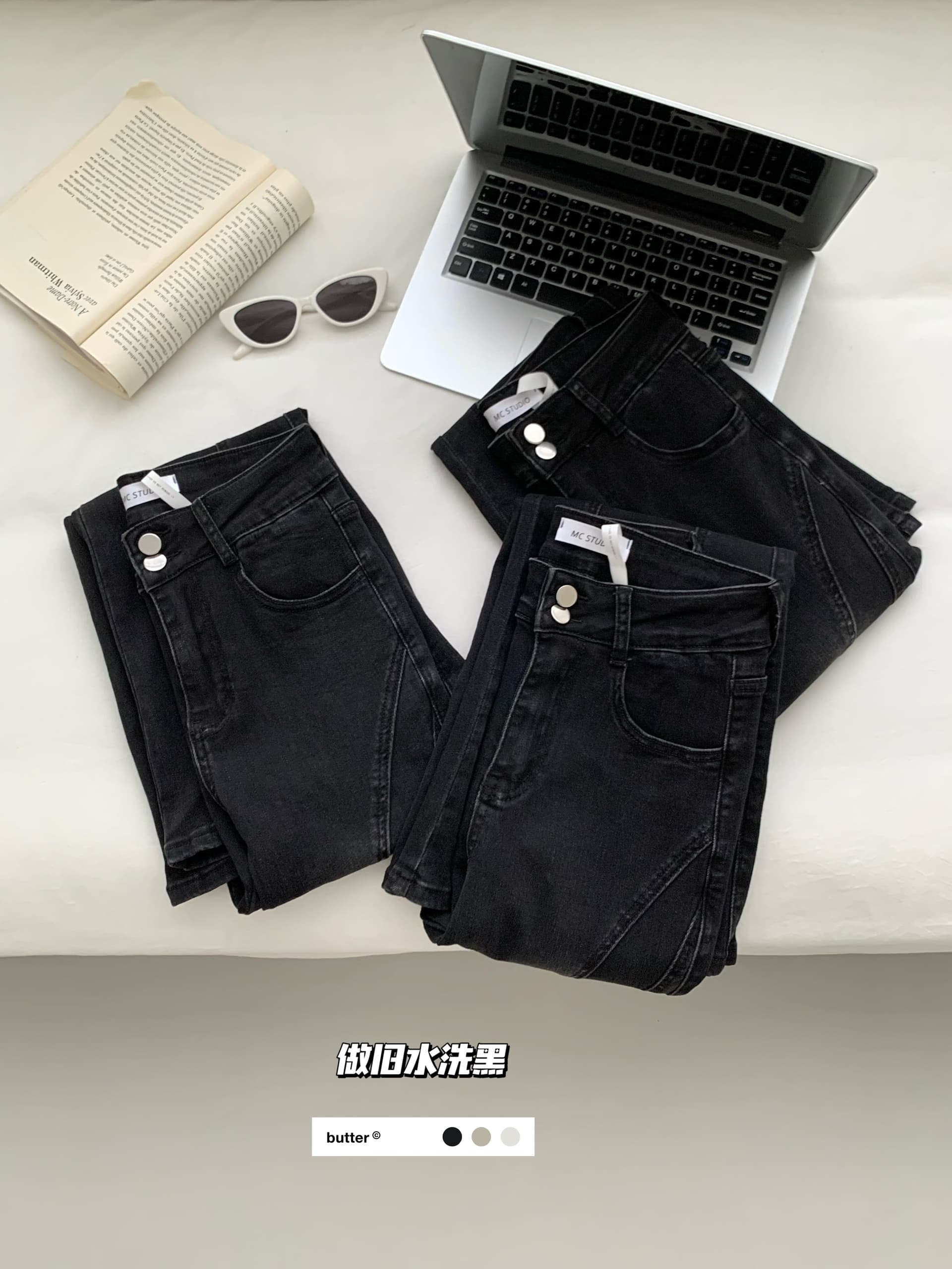 첸 좋은 난 nns 한 바지 레트로 마 오래된 워싱 블랙 곡선 분할선 부츠컷 청바지 상세 이미지 14