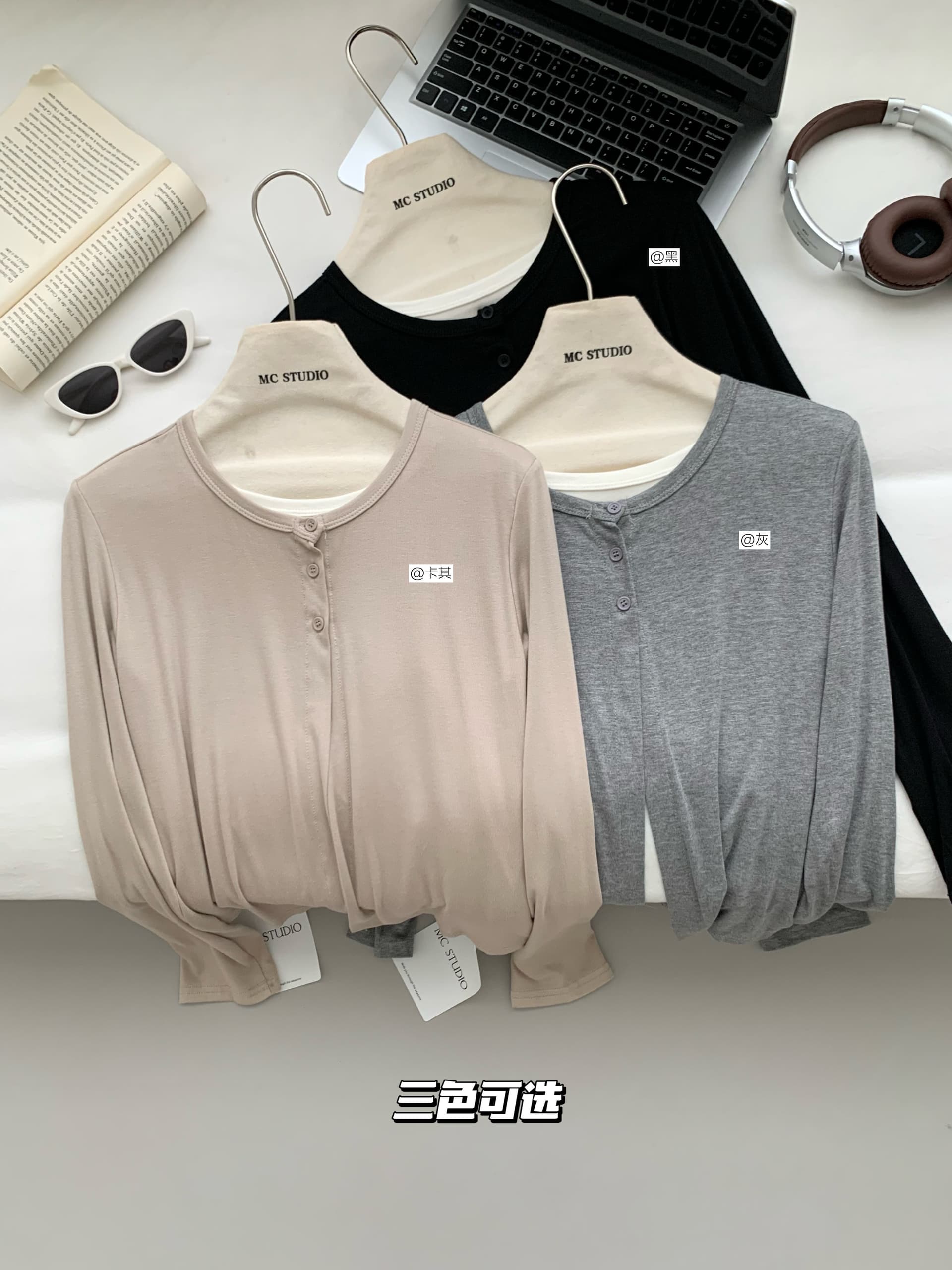 이른 가을 켜기 새로운 한 부서 디자인 센스 페이크 레이어드 다용도 오픈 가디건 긴팔 티셔츠 상세 이미지 11