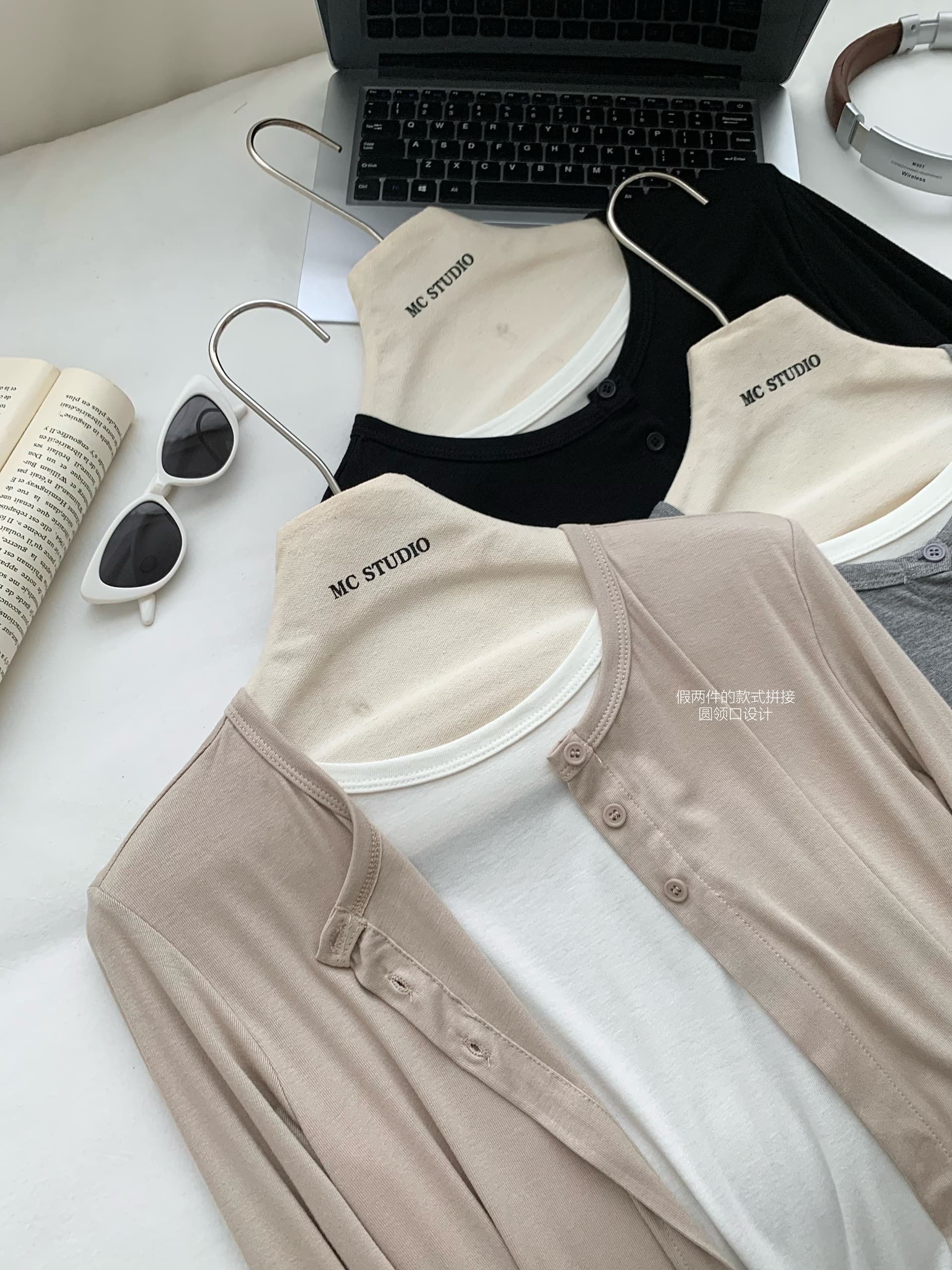 이른 가을 켜기 새로운 한 부서 디자인 센스 페이크 레이어드 다용도 오픈 가디건 긴팔 티셔츠 상세 이미지 13