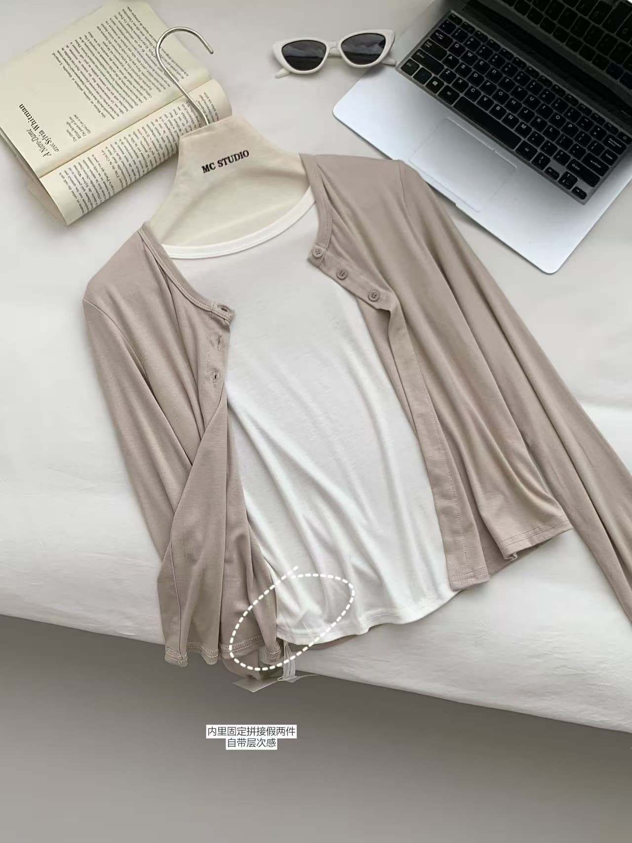 이른 가을 켜기 새로운 한 부서 디자인 센스 페이크 레이어드 다용도 오픈 가디건 긴팔 티셔츠 상세 이미지 16