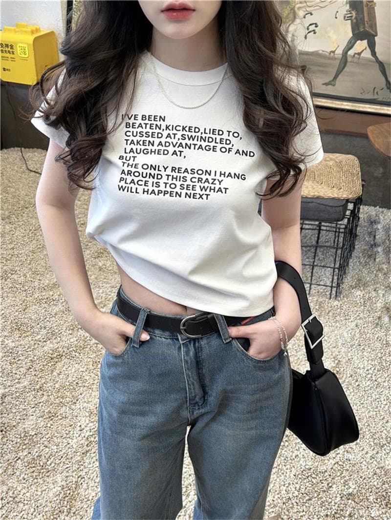 한국 스타일 쇼트 스타일 핫걸 하라주쿠 스타일 라운드 넥 프린트 맨위 이미지 4
