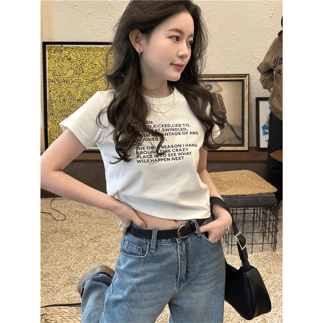 한국 스타일 쇼트 스타일 핫걸 하라주쿠 스타일 라운드 넥 프린트 맨위 이미지 5
