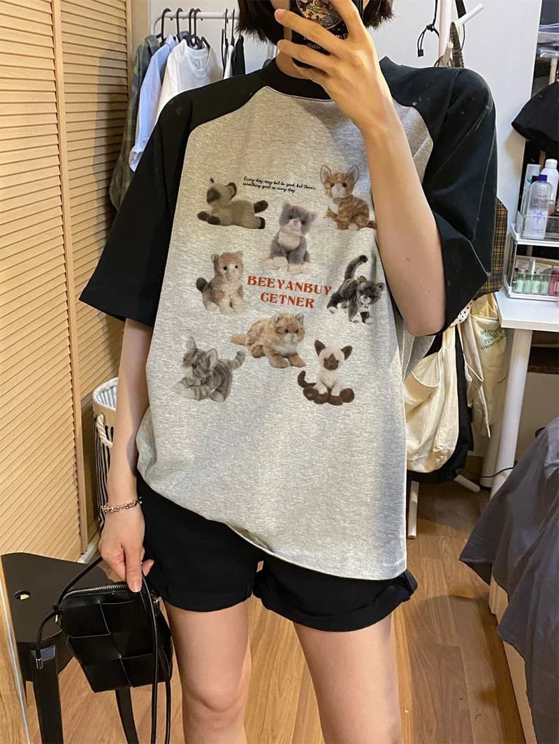 아메리칸 oversize 빅 사이즈 삽입 어깨 반팔 티셔츠 여성 여름 순면 레트로 루즈핏 커플 맨위 ins 국가 트렌디 상세 이미지 5
