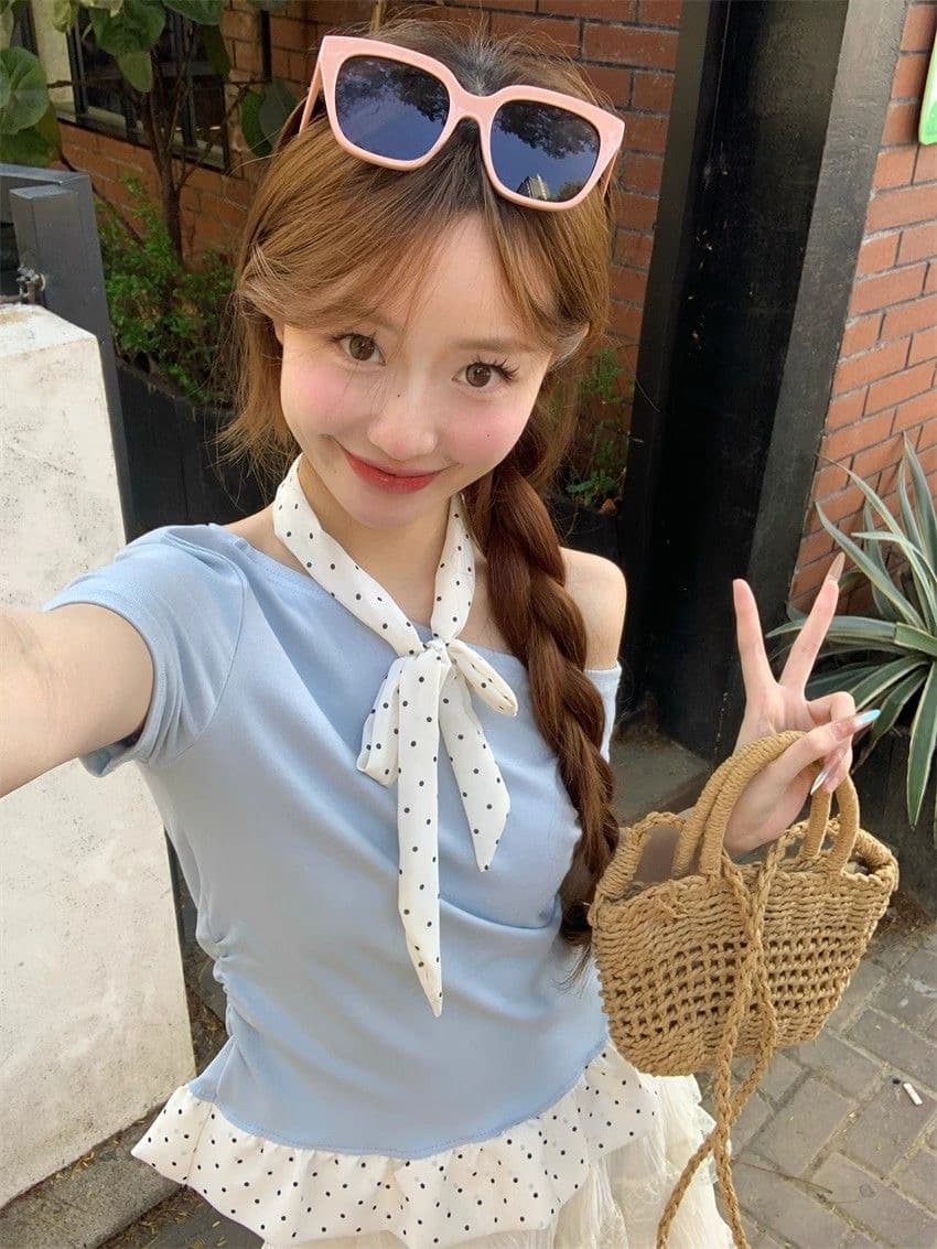 1 1 와 사고 방식 260 그램 프랑스식 부드러운 연령 감소 프릴 도트 무늬 패치워크 비스듬한 어깨 상세 이미지 2