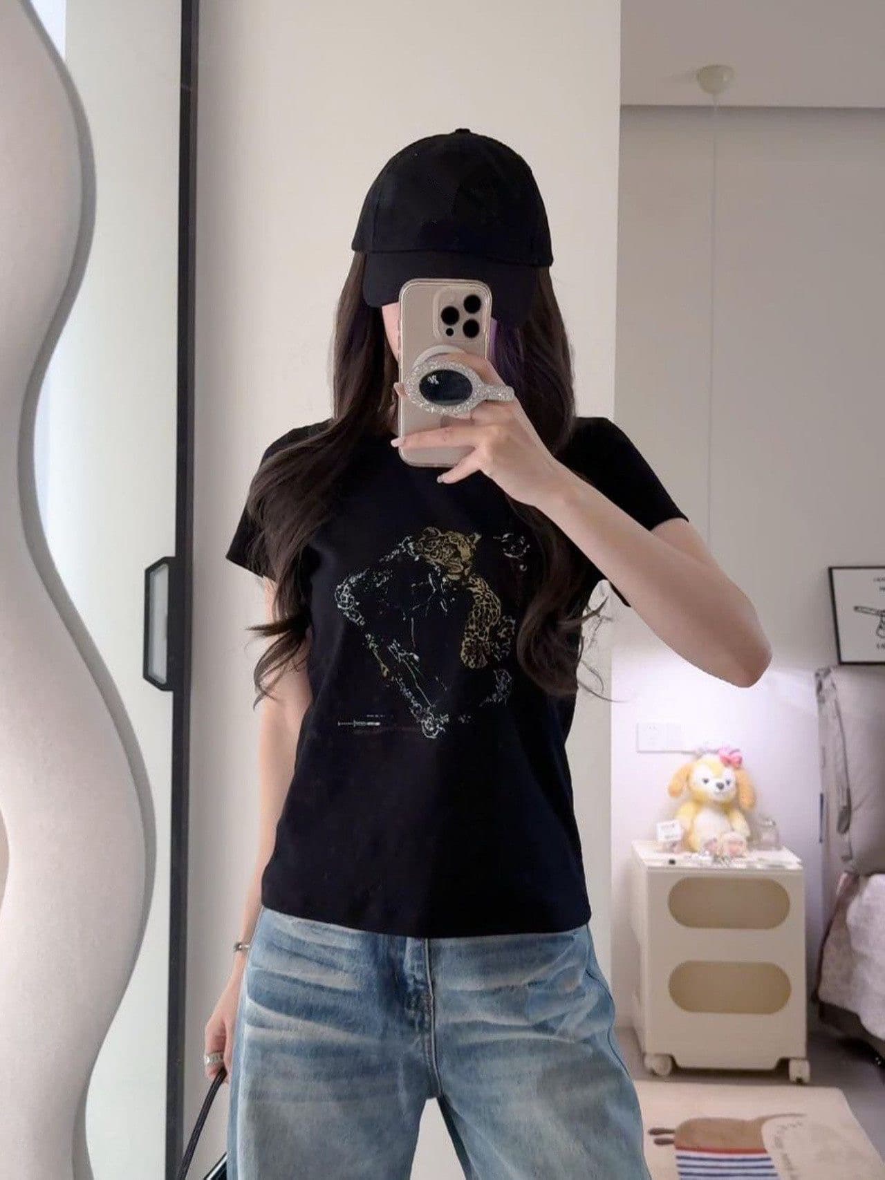 아메리칸 레트로 라운드 넥 긍정적 인 어깨 프린트 반팔 티셔츠