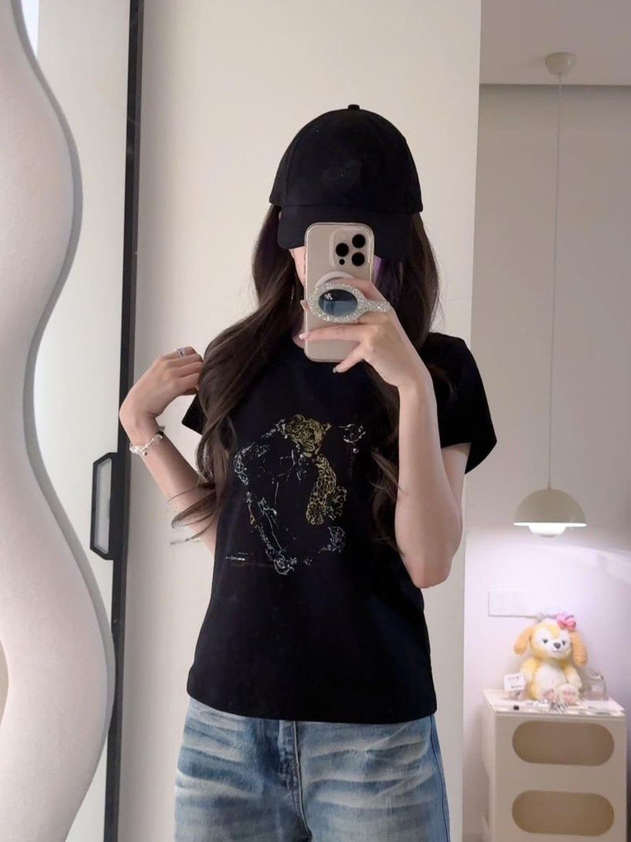 아메리칸 레트로 라운드 넥 긍정적 인 어깨 프린트 반팔 티셔츠 상세 이미지 2