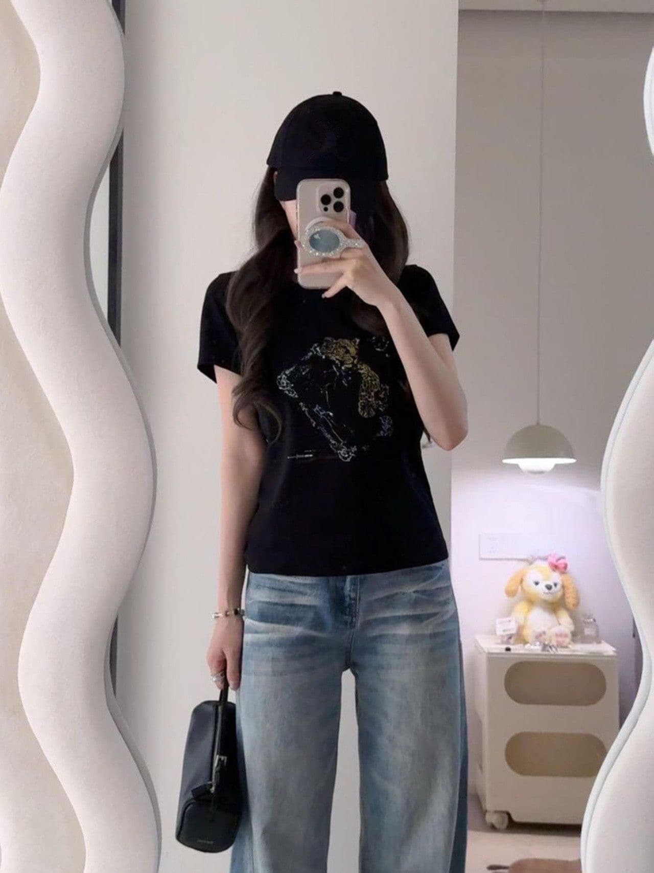 아메리칸 레트로 라운드 넥 긍정적 인 어깨 프린트 반팔 티셔츠 상세 이미지 4