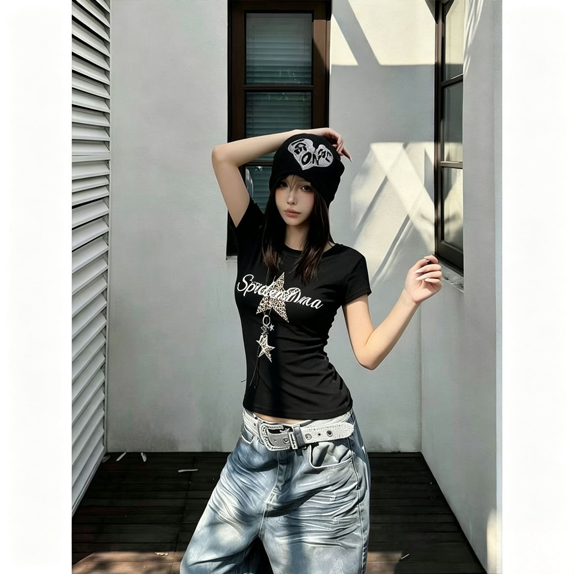 아메리칸 핫걸 레트로 레오파드 무늬 프린트 긍정적 인 어깨 오각형 별 반팔 여름 여성 티셔츠 새로운 몸매 가꾸기 슬림해 보이는 맨위 상세 이미지 6
